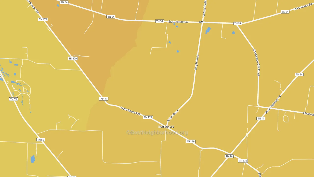 Map of the best neighborhoods in the Tabernacle area, with better matches in green and worse matches in red