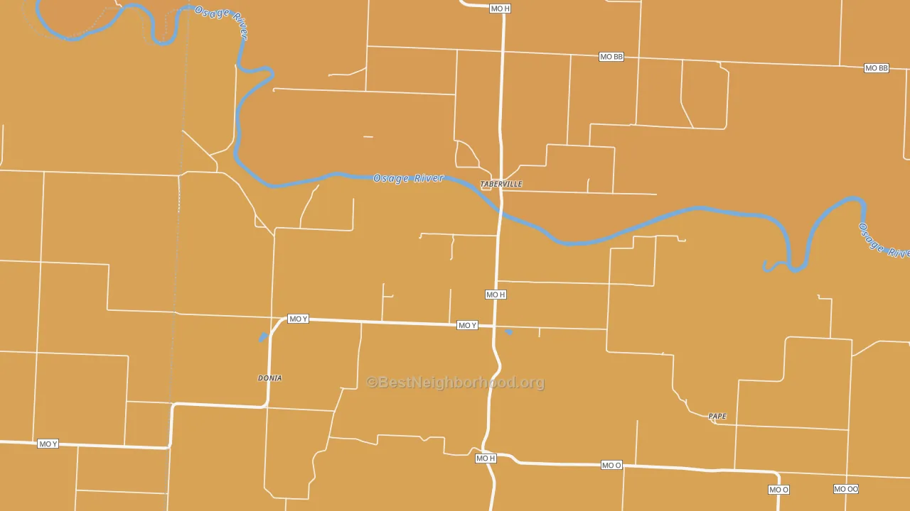 Map of the best neighborhoods in the Taberville area, with better matches in green and worse matches in red
