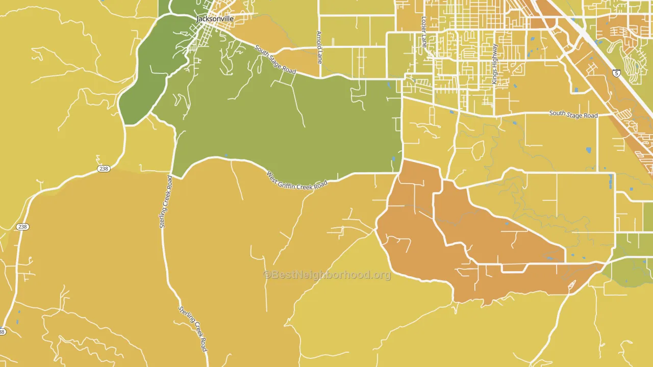 Map of the best neighborhoods in the Table Rock area, with better matches in green and worse matches in red