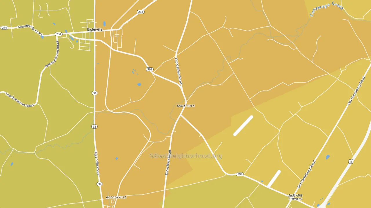Map of the best neighborhoods in the Table Rock area, with better matches in green and worse matches in red