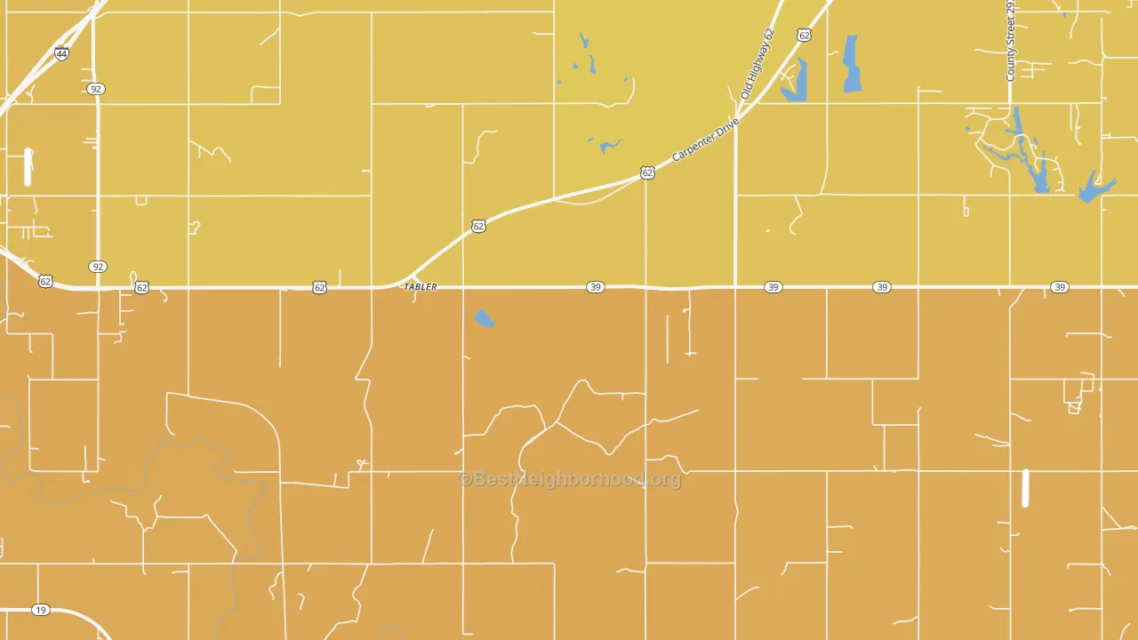 Map of the best neighborhoods in the Tabler area, with better matches in green and worse matches in red