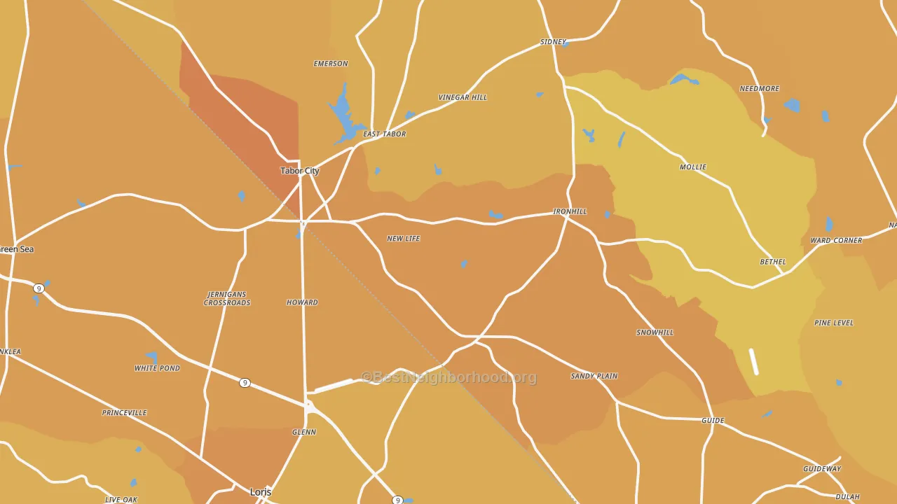 Map of the best neighborhoods in the Tabor City area, with better matches in green and worse matches in red