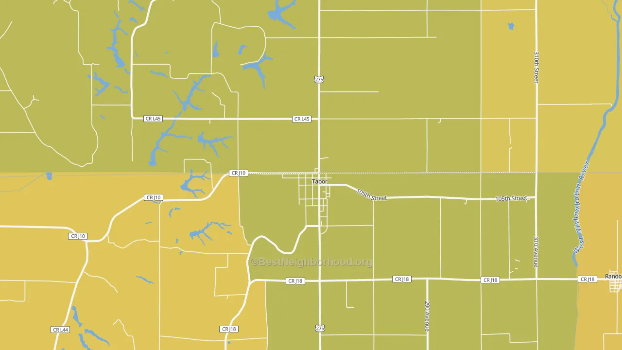 Map of the best neighborhoods in the Tabor area, with better matches in green and worse matches in red