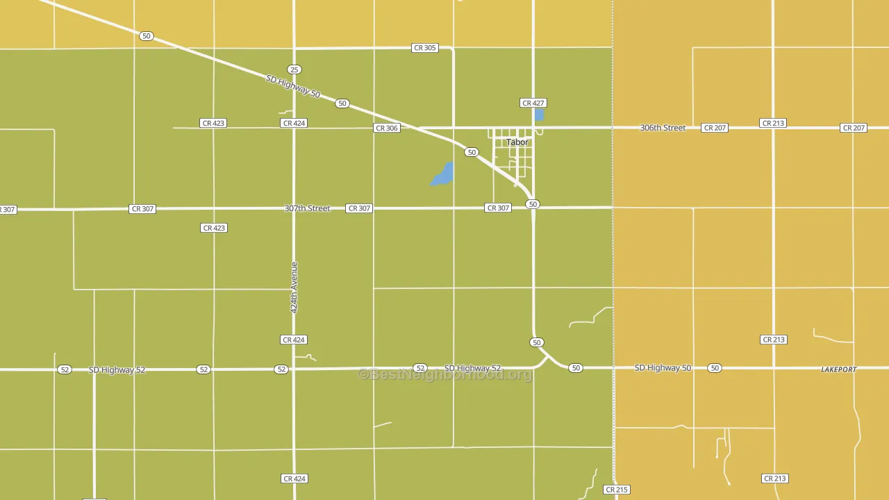 Map of the best neighborhoods in the Tabor area, with better matches in green and worse matches in red