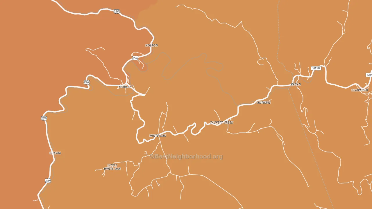 Map of the best neighborhoods in the Tackett Creek area, with better matches in green and worse matches in red
