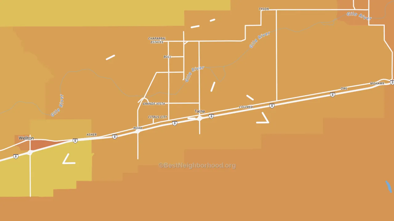Map of the best neighborhoods in the Tacna area, with better matches in green and worse matches in red