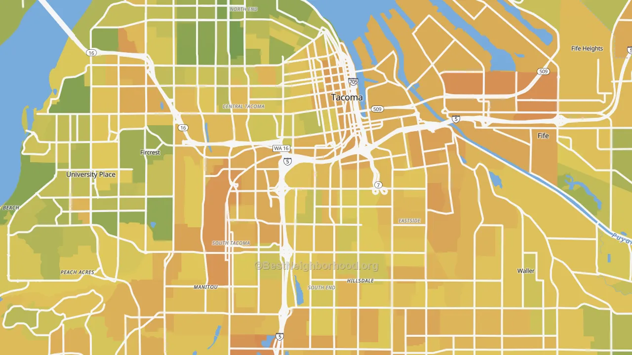 Map of the best neighborhoods in the Tacoma area, with better matches in green and worse matches in red