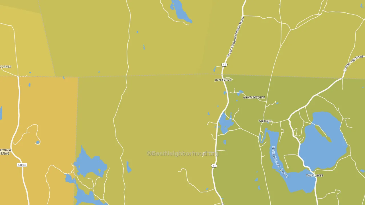 Map of the best neighborhoods in the Taconic area, with better matches in green and worse matches in red