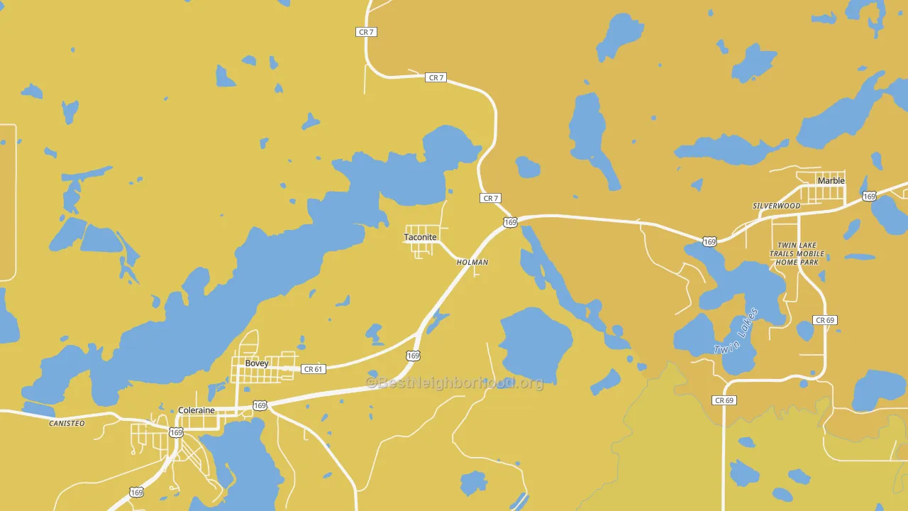 Map of the best neighborhoods in the Taconite area, with better matches in green and worse matches in red