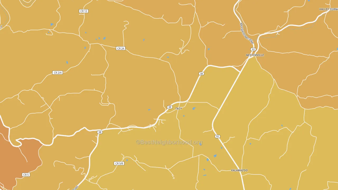 Map of the best neighborhoods in the Tacy area, with better matches in green and worse matches in red