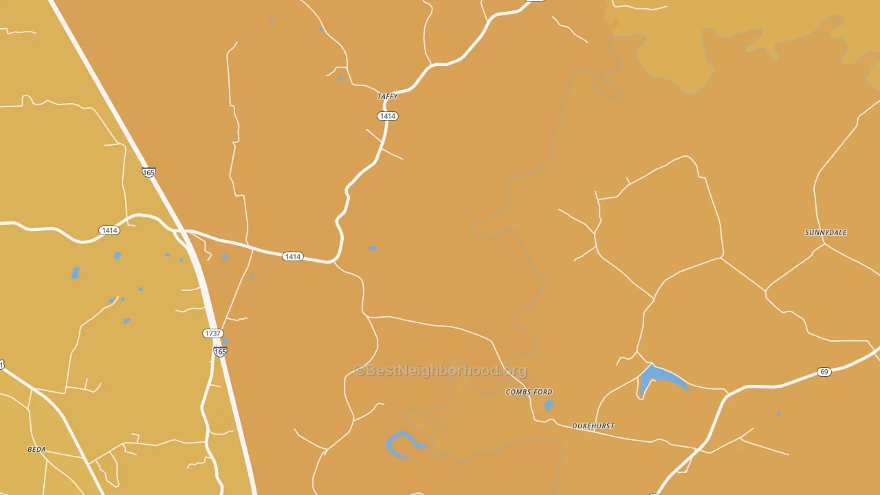 Map of the best neighborhoods in the Taffy area, with better matches in green and worse matches in red