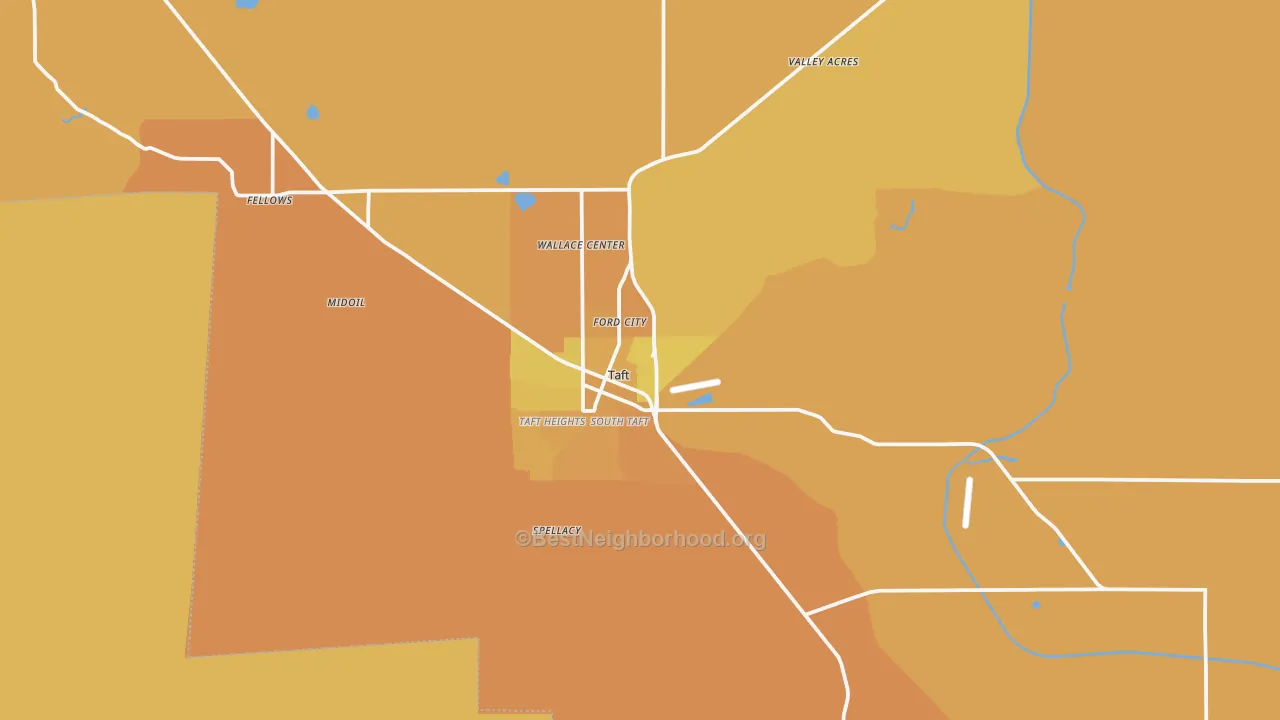 Map of the best neighborhoods in the Taft area, with better matches in green and worse matches in red