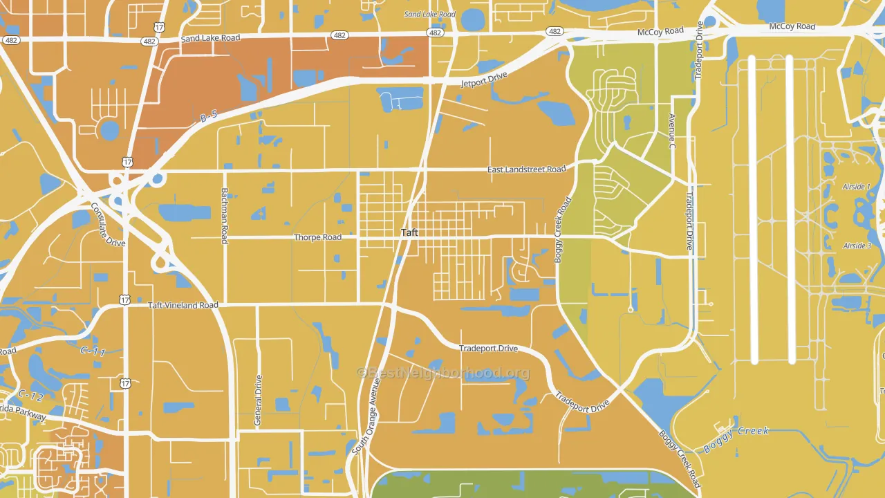Map of the best neighborhoods in the Taft area, with better matches in green and worse matches in red