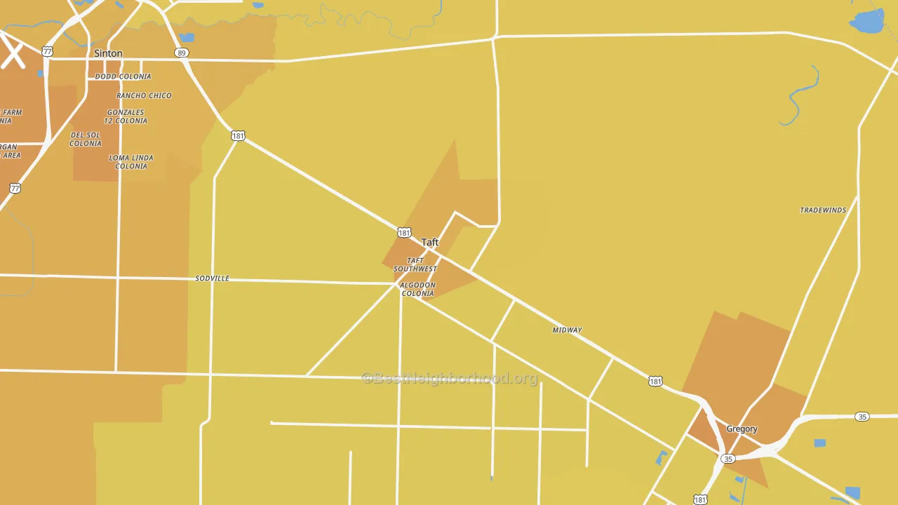 Map of the best neighborhoods in the Taft area, with better matches in green and worse matches in red