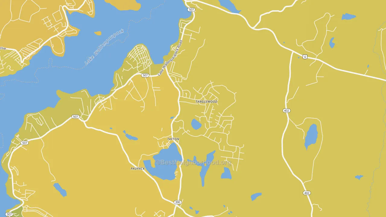 Map of the best neighborhoods in the Tafton area, with better matches in green and worse matches in red