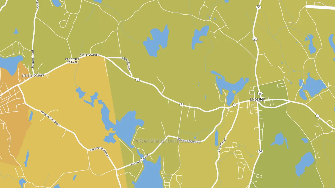 Map of the best neighborhoods in the Tafts Corner area, with better matches in green and worse matches in red