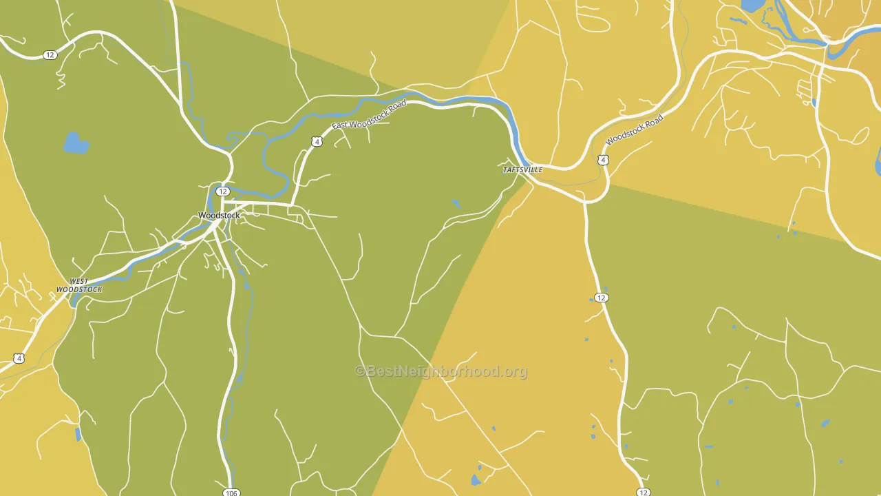 Map of the best neighborhoods in the Taftsville area, with better matches in green and worse matches in red