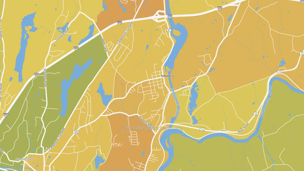 Map of the best neighborhoods in the Taftville area, with better matches in green and worse matches in red