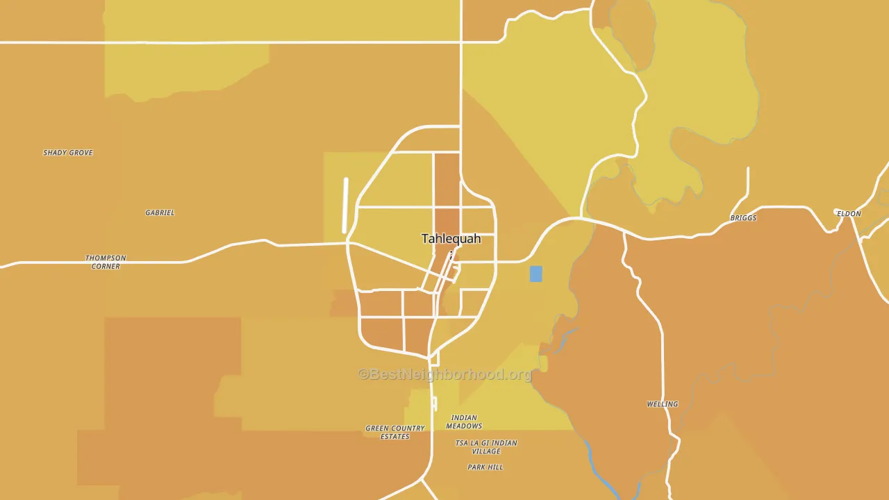 Map of the best neighborhoods in the Tahlequah area, with better matches in green and worse matches in red