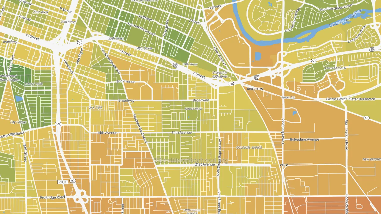 Map of the best neighborhoods in the Tahoe Park, Sacramento area, with better matches in green and worse matches in red