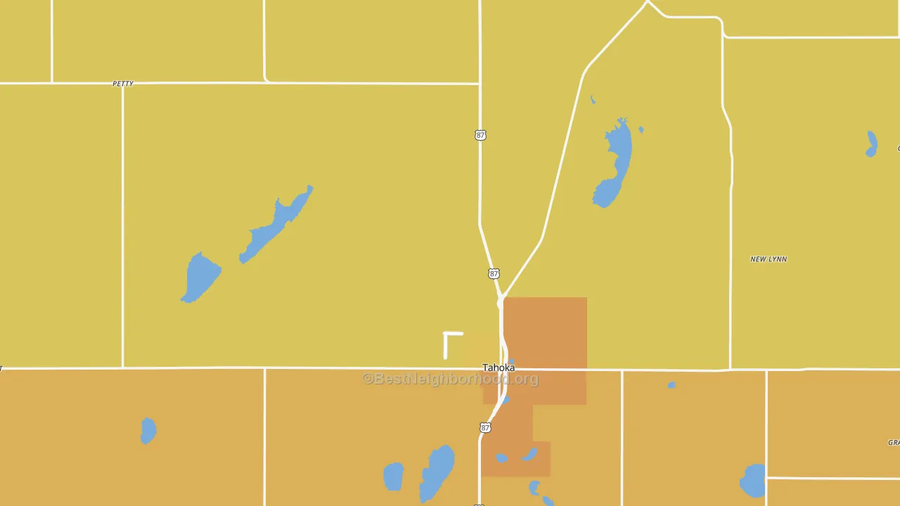 Map of the best neighborhoods in the Tahoka area, with better matches in green and worse matches in red
