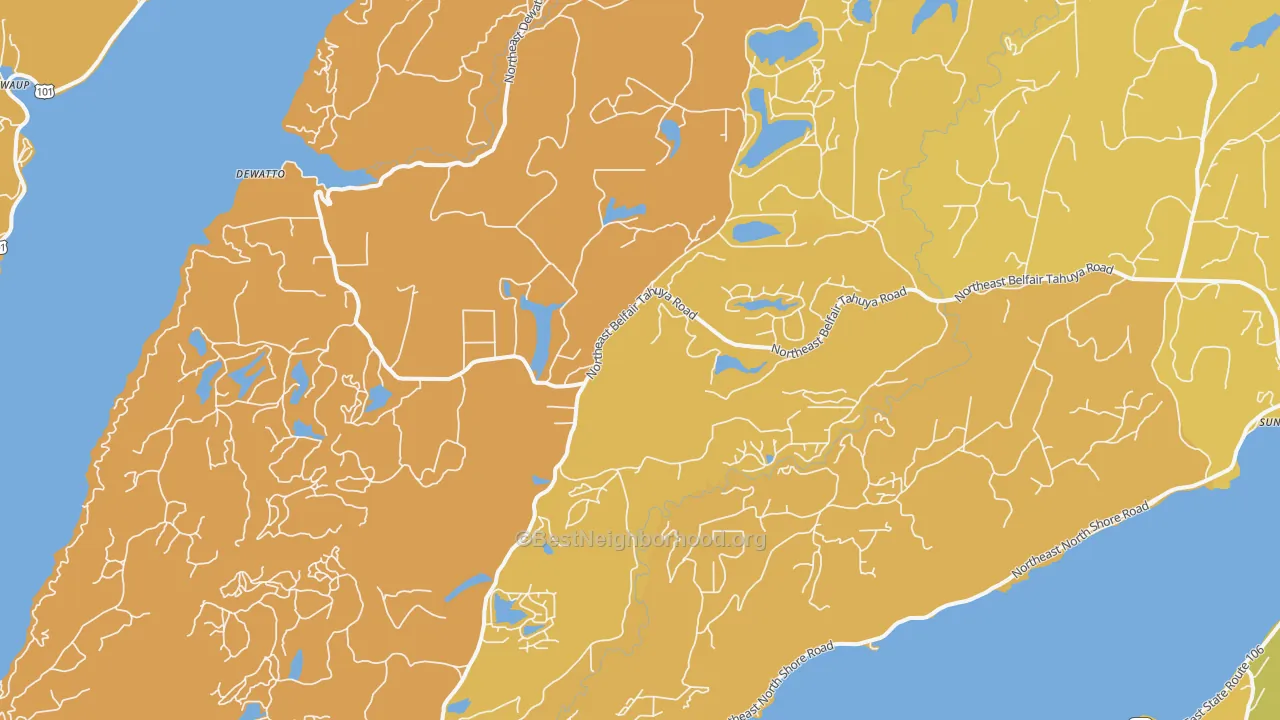 Map of the best neighborhoods in the Tahuya area, with better matches in green and worse matches in red