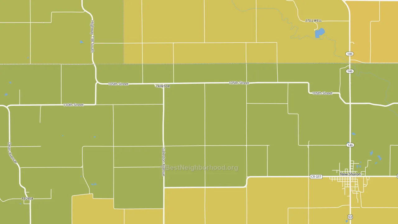 Map of the best neighborhoods in the Taintor area, with better matches in green and worse matches in red