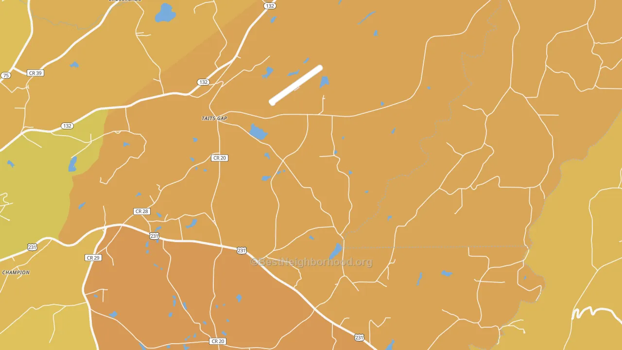 Map of the best neighborhoods in the Taits Gap area, with better matches in green and worse matches in red