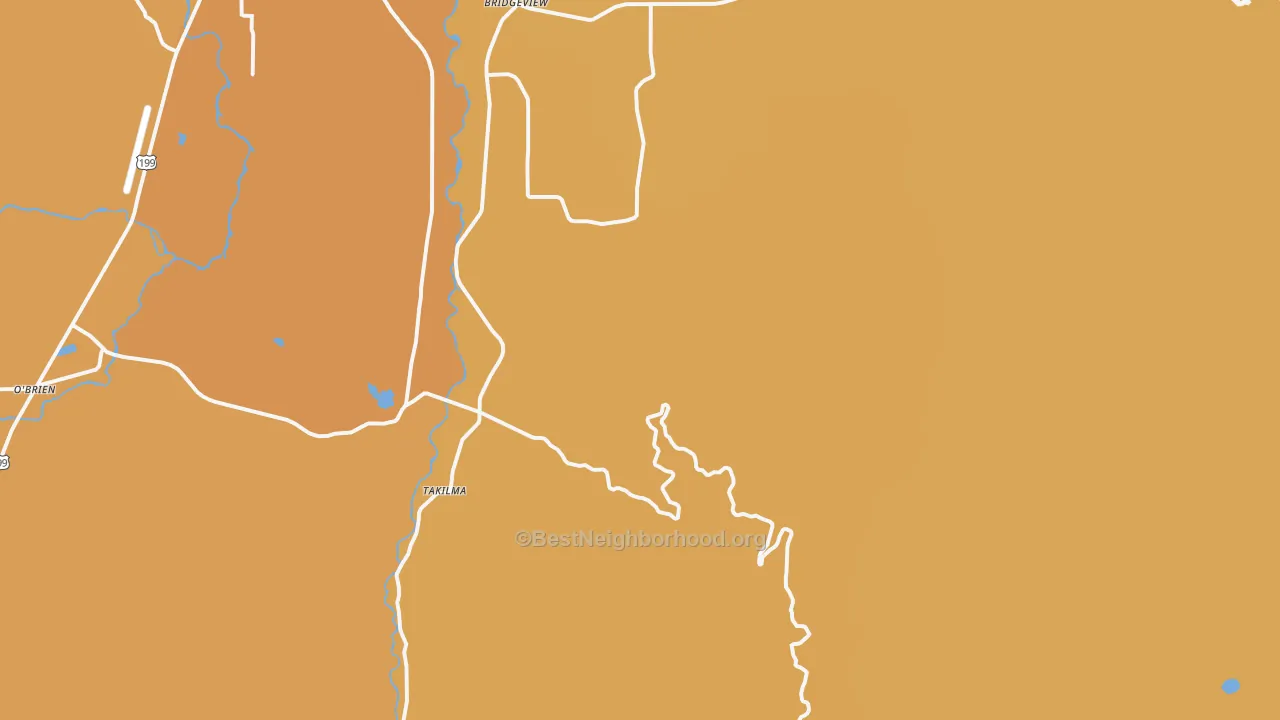 Map of the best neighborhoods in the Takilma area, with better matches in green and worse matches in red