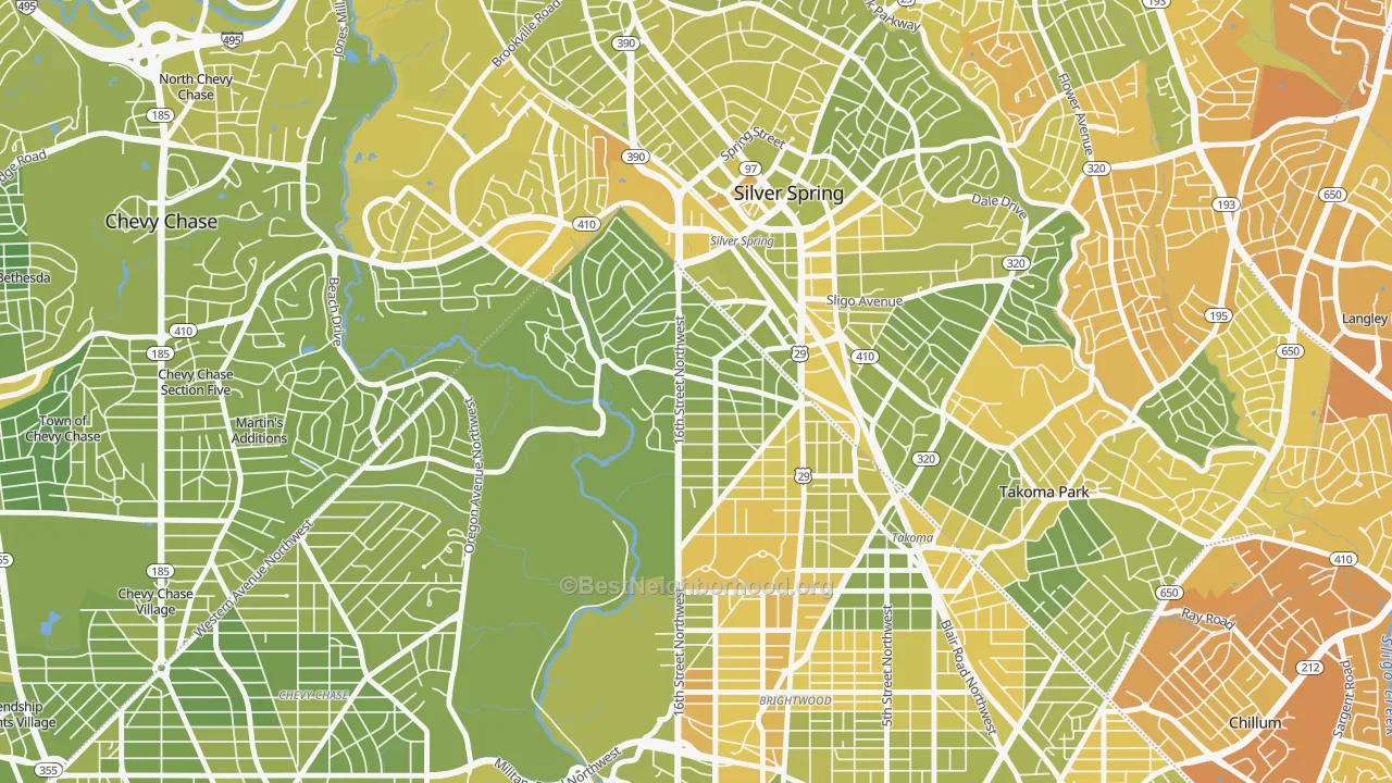 Map of the best neighborhoods in the Takoma Park, Washington area, with better matches in green and worse matches in red