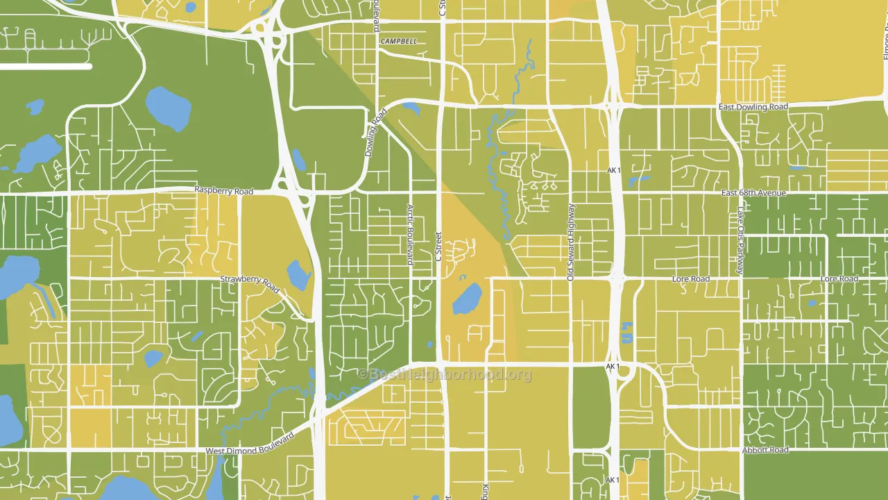 Map of the best neighborhoods in the Taku-Campbell, Anchorage area, with better matches in green and worse matches in red