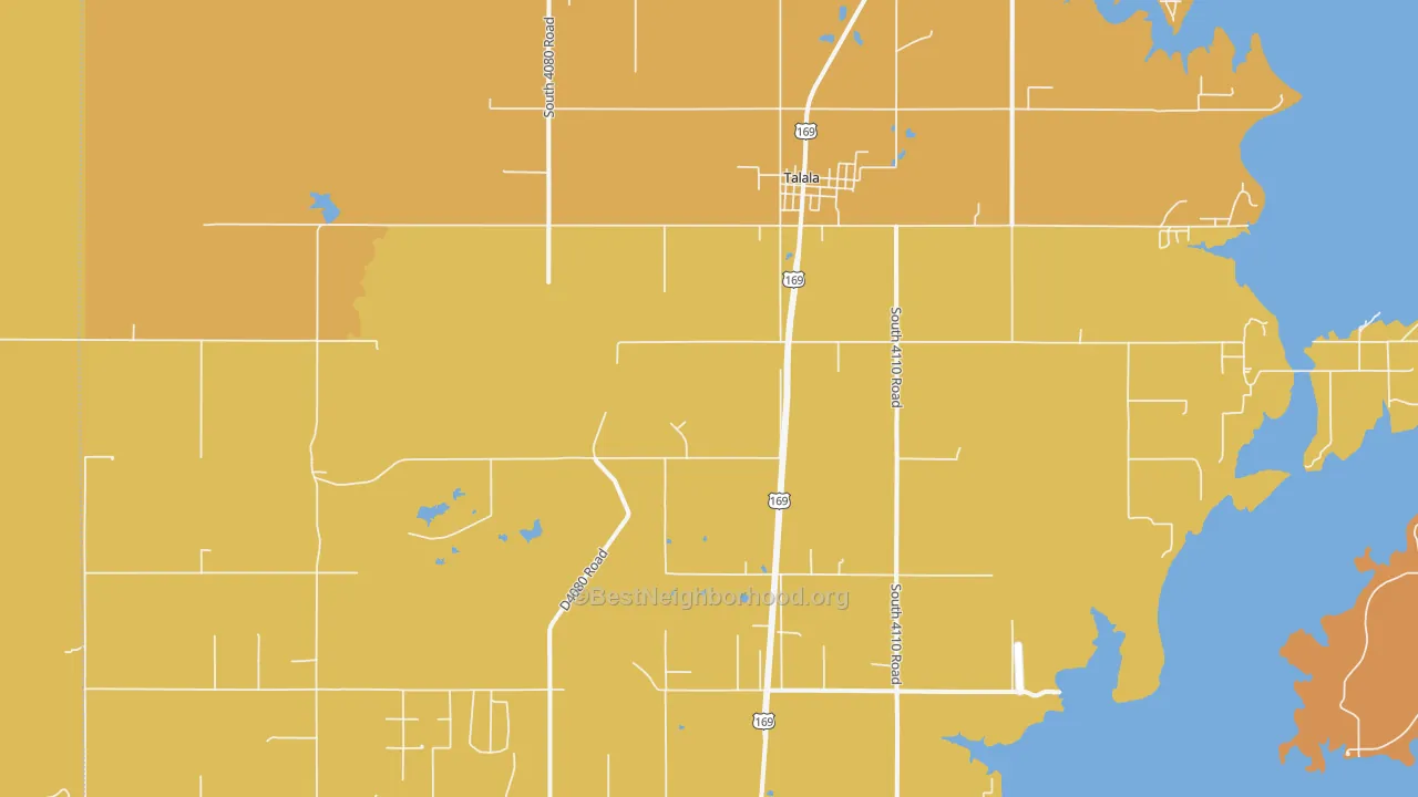 Map of the best neighborhoods in the Talala area, with better matches in green and worse matches in red