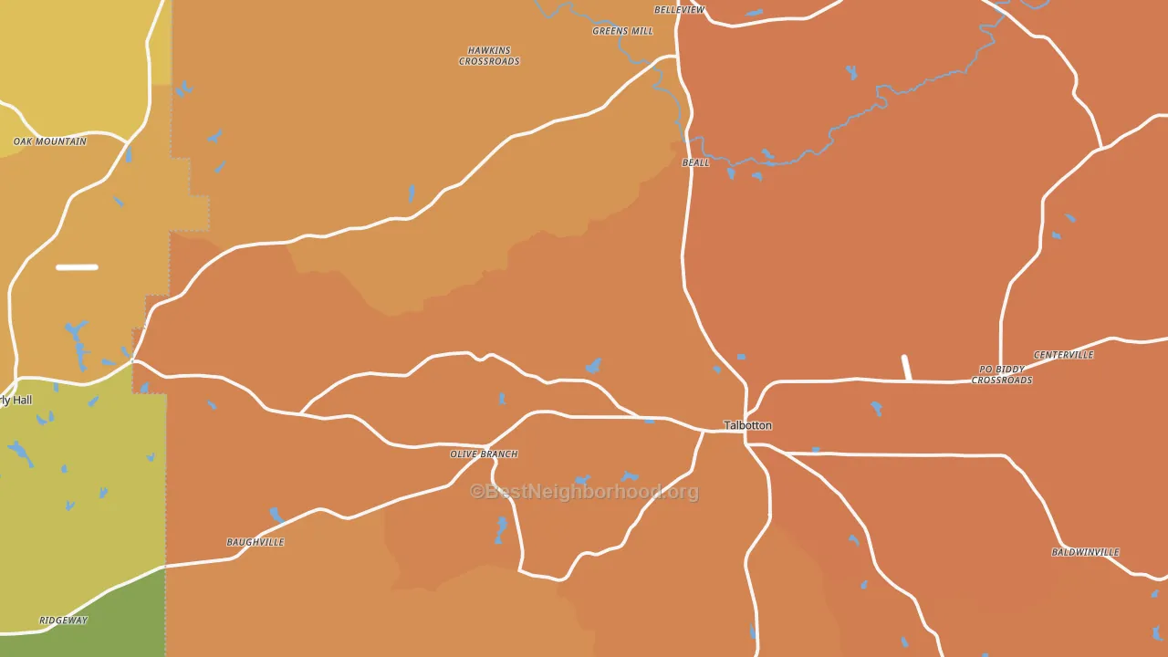 Map of the best neighborhoods in the Talbot County area, with better matches in green and worse matches in red