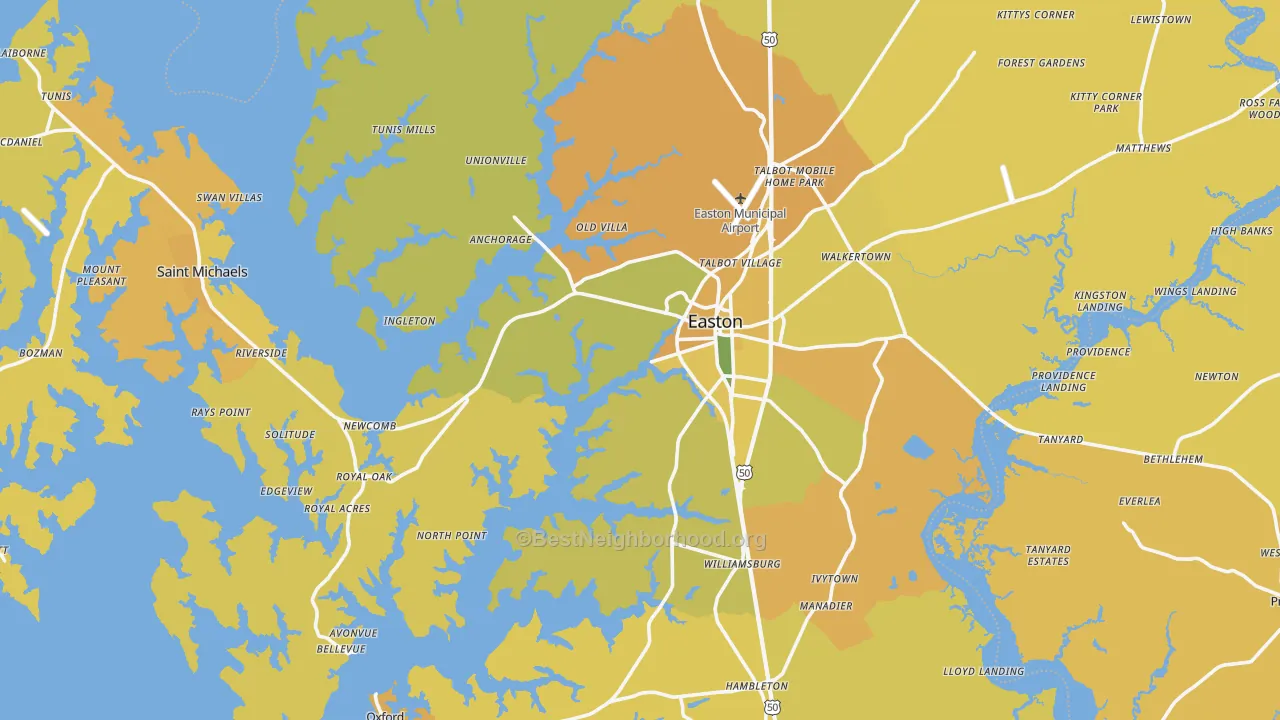 Map of the best neighborhoods in the Talbot County area, with better matches in green and worse matches in red