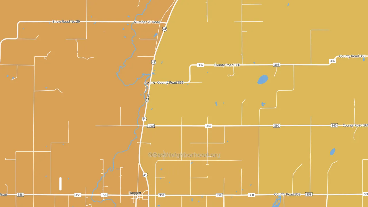 Map of the best neighborhoods in the Talbot area, with better matches in green and worse matches in red