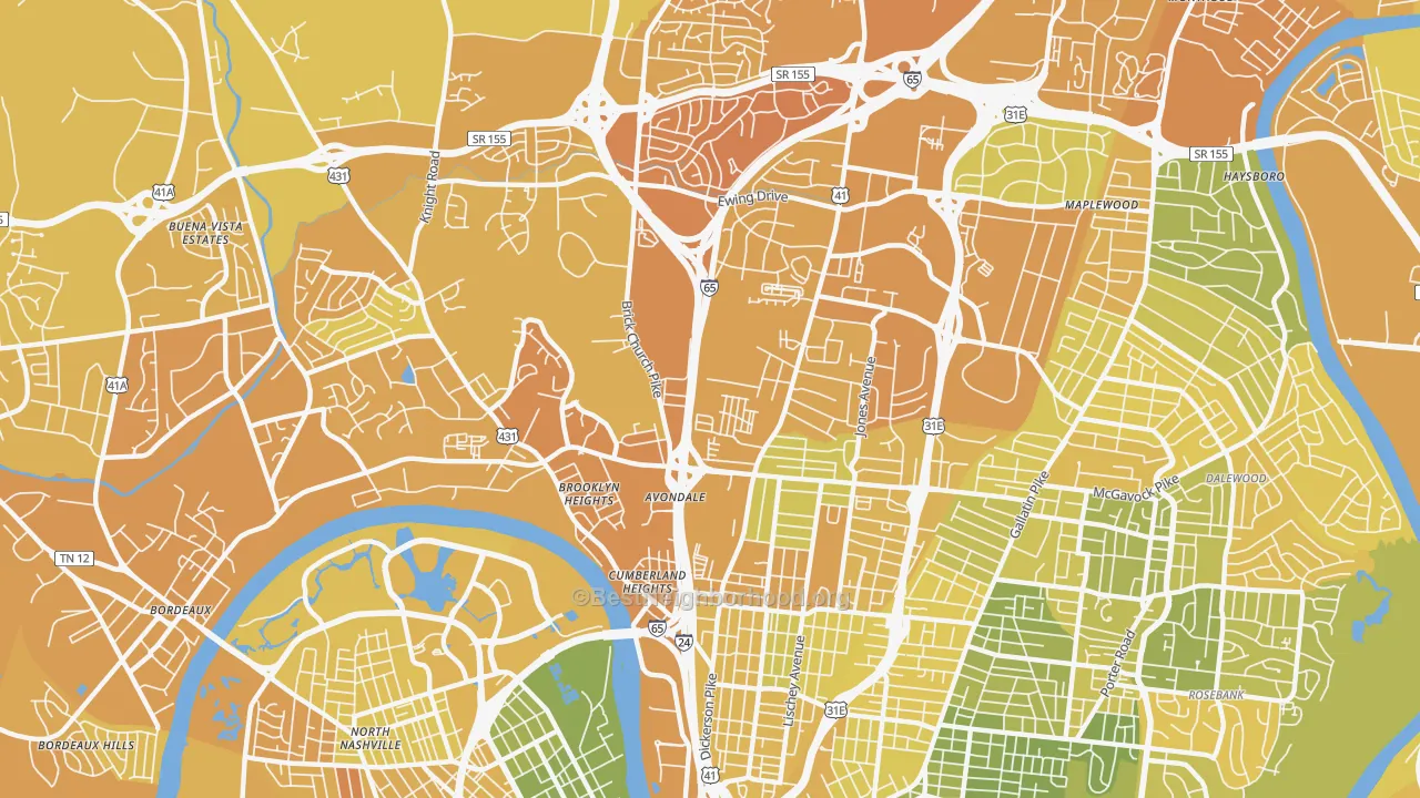 Map of the best neighborhoods in the Talbot's Corner, Nashville area, with better matches in green and worse matches in red