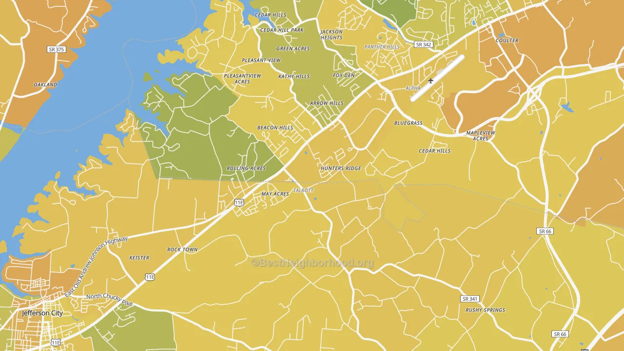 Map of the best neighborhoods in the Talbott area, with better matches in green and worse matches in red