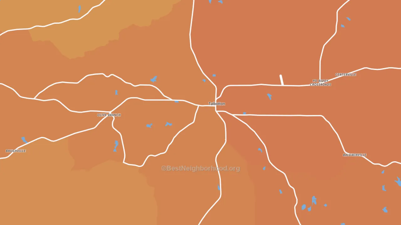 Map of the best neighborhoods in the Talbotton area, with better matches in green and worse matches in red