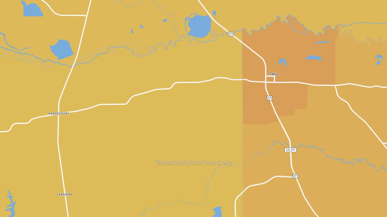 Map of the best neighborhoods in the Talco area, with better matches in green and worse matches in red