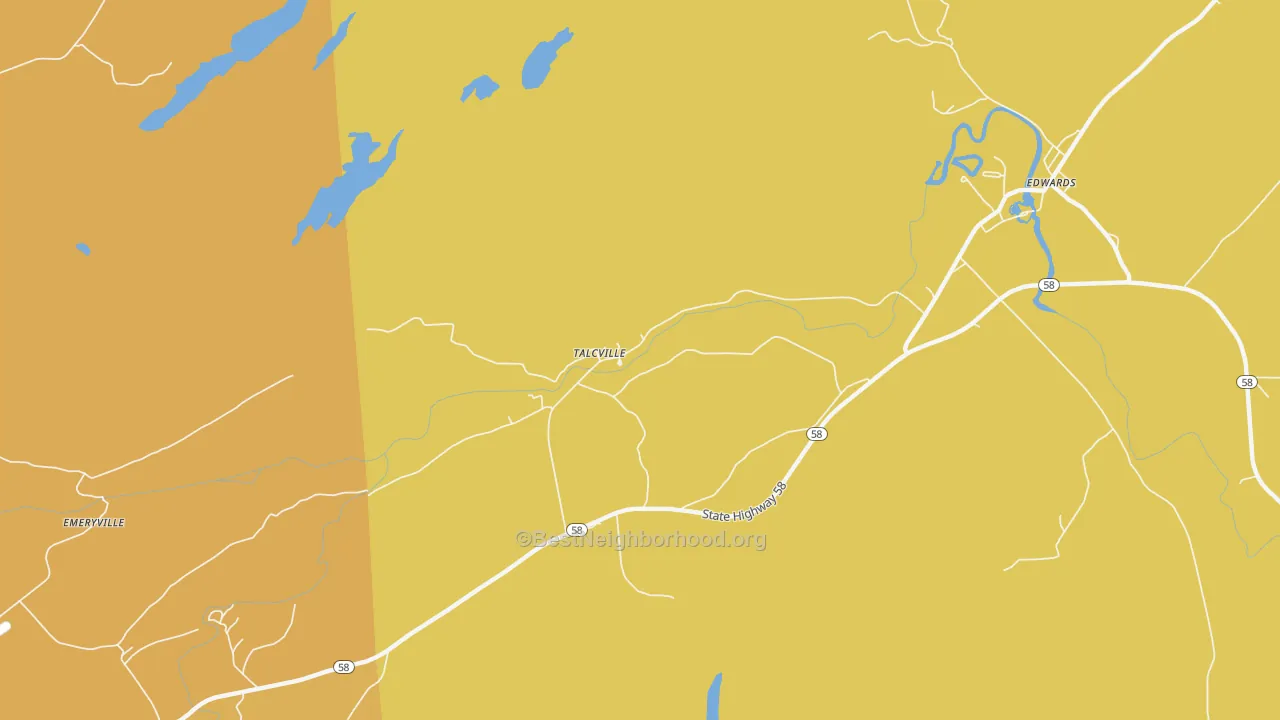 Map of the best neighborhoods in the Talcville area, with better matches in green and worse matches in red