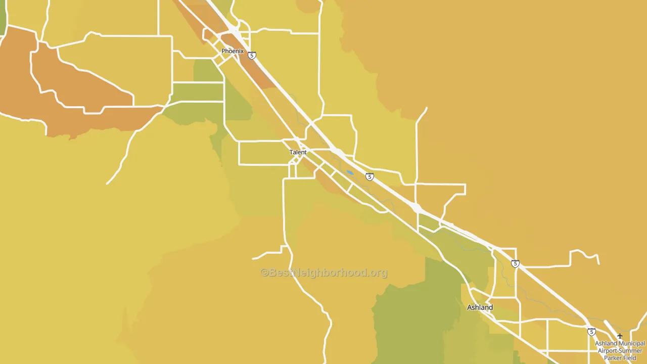Map of the best neighborhoods in the Talent area, with better matches in green and worse matches in red