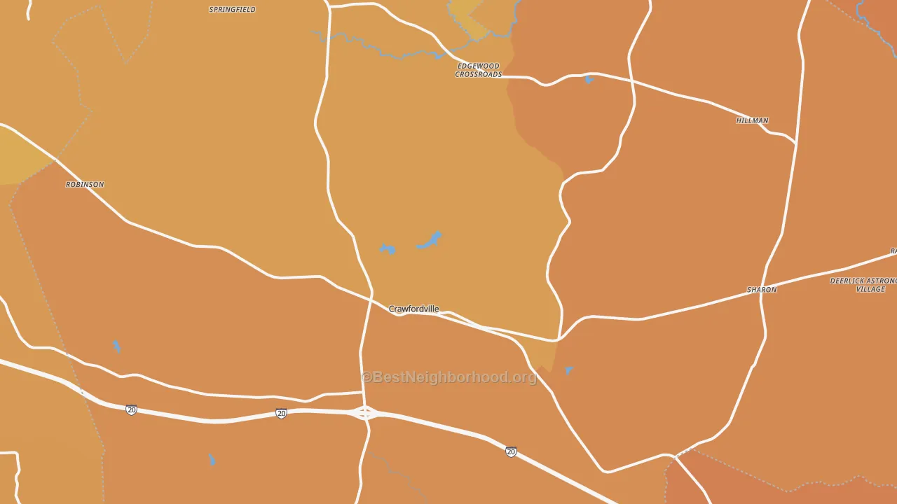Map of the best neighborhoods in the Taliaferro County area, with better matches in green and worse matches in red