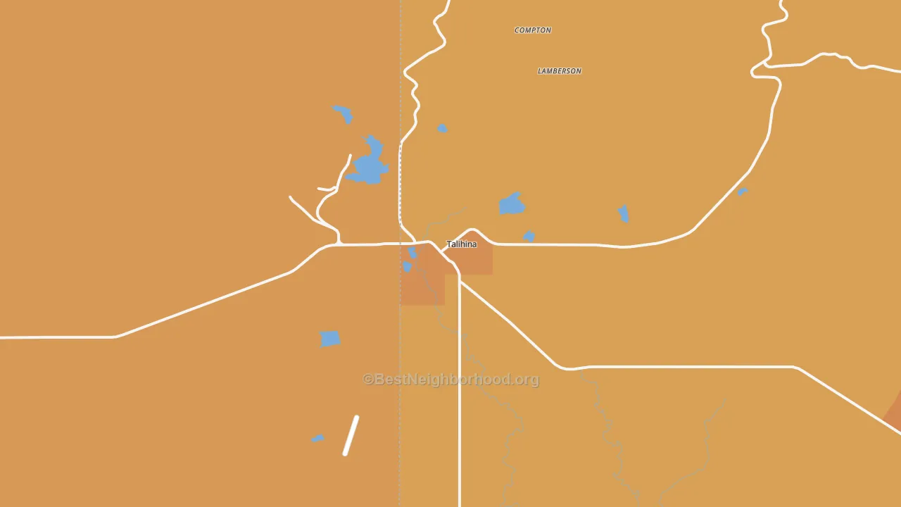Map of the best neighborhoods in the Talihina area, with better matches in green and worse matches in red