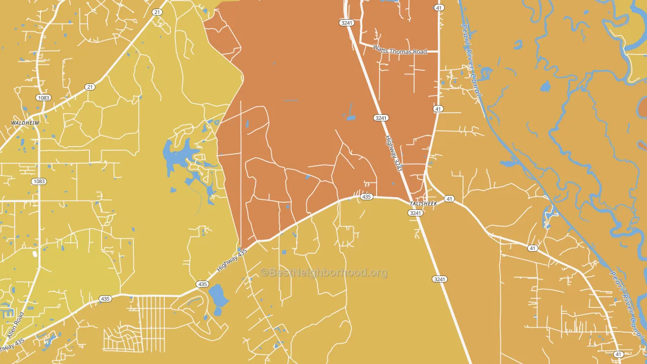 Map of the best neighborhoods in the Talisheek area, with better matches in green and worse matches in red