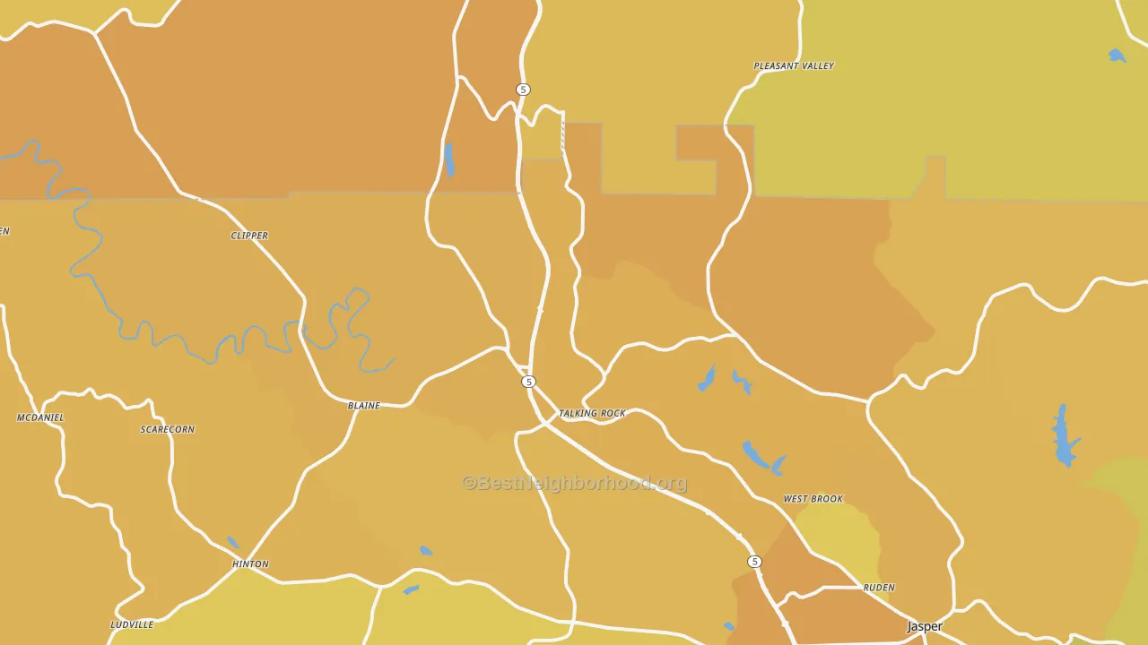 Map of the best neighborhoods in the Talking Rock area, with better matches in green and worse matches in red