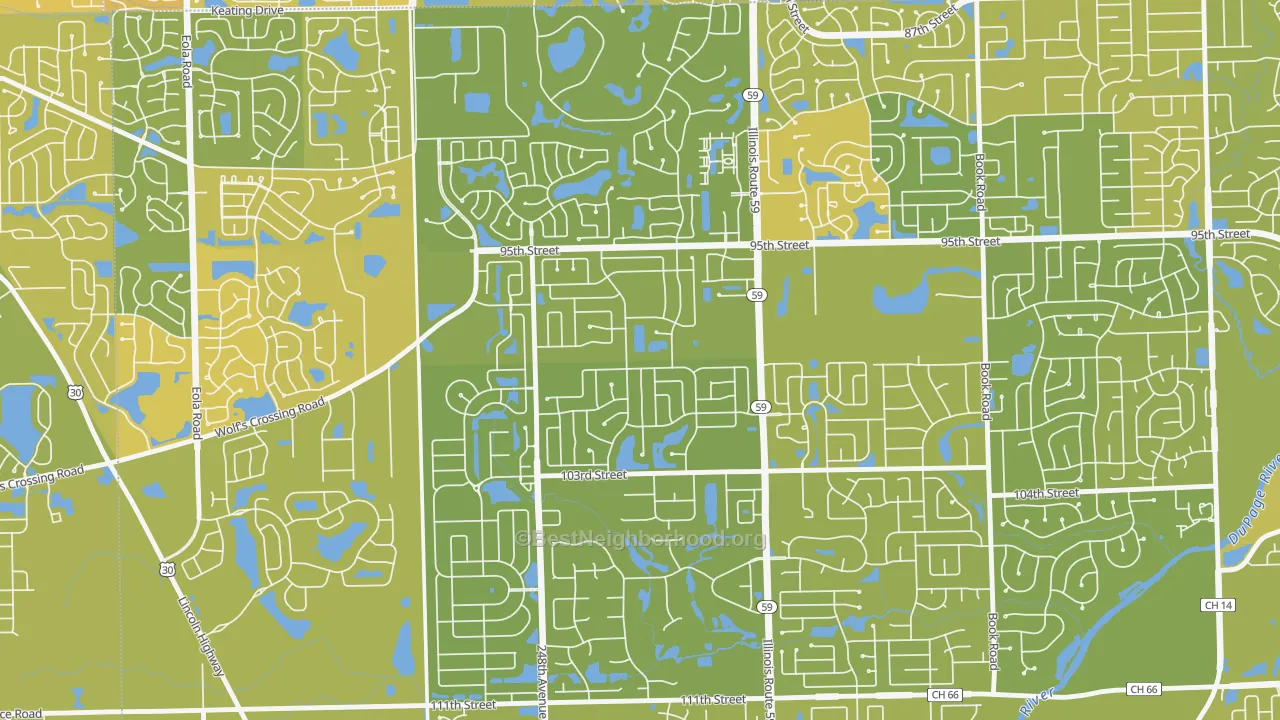 Map of the best neighborhoods in the Tall Grass, Naperville area, with better matches in green and worse matches in red