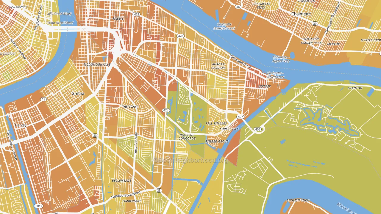 Map of the best neighborhoods in the Tall Timbers, New Orleans area, with better matches in green and worse matches in red