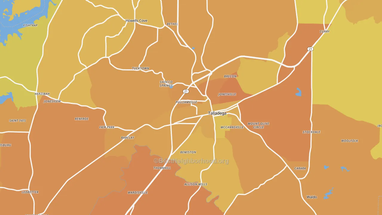 Map of the best neighborhoods in the Talladega area, with better matches in green and worse matches in red