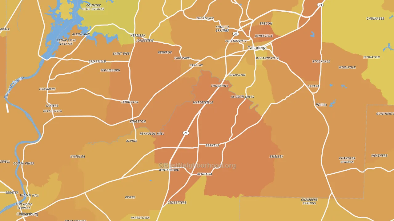 Map of the best neighborhoods in the Talladega County area, with better matches in green and worse matches in red