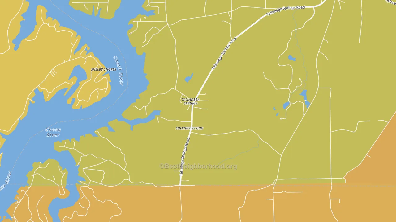 Map of the best neighborhoods in the Talladega Springs area, with better matches in green and worse matches in red